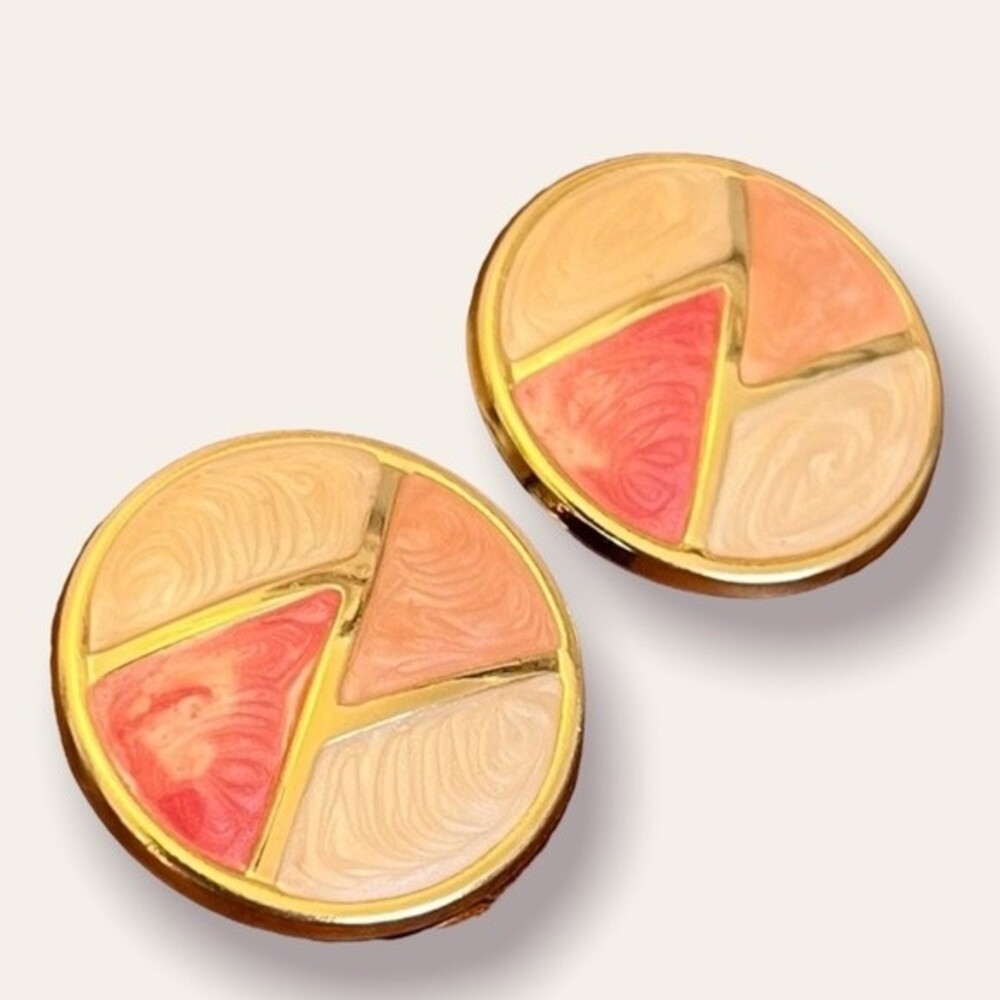 80s Vintage Button Earrings Oversized Pink Geometric Gold Tone Circle Studs